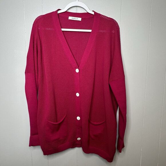 KOKUN Womens  Size XL Knit Button Cardigan Long Sweater W/Pockets Cotton Magenta - Picture 1 of 14